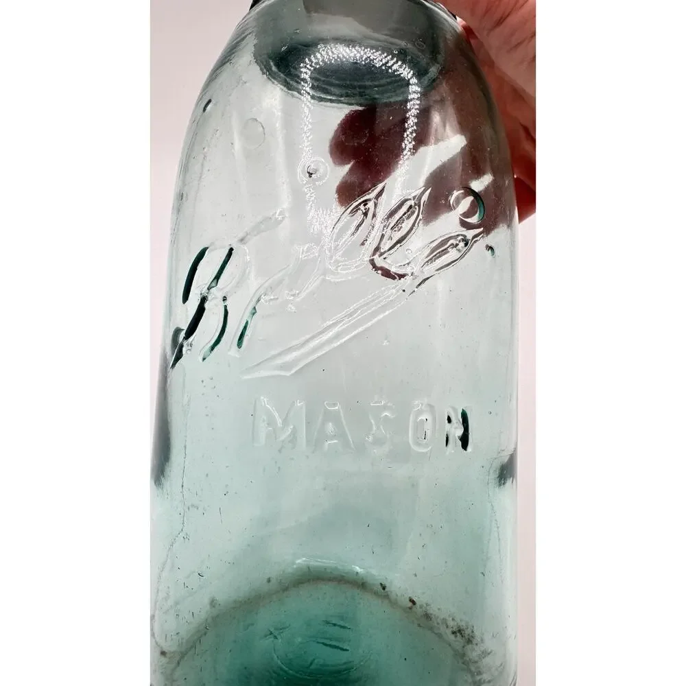Vintage Ball Mason Jar Aqua Blue Glass Zinc Lid Early 1900s Lots of Bubbles RARE